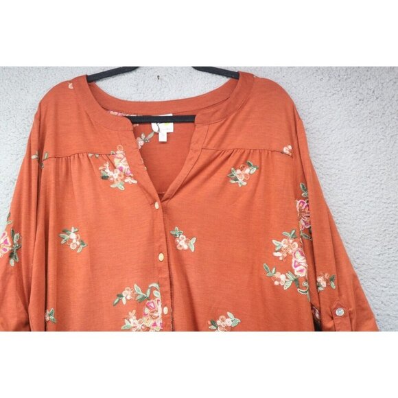 Fig & Flower Long Roll Tabbed Sleeves Tunic Top-Size 3X-Embroidered - Picture 2 of 9